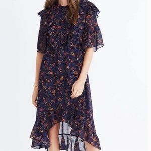 Madewell Navy High Low Ruffle Midi Dress